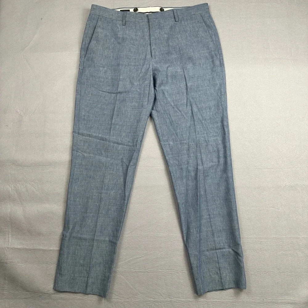 J.Crew Ludlow Slim Suit Pants Mens 33x32 Blue Linen Wool Blend Chambray Trousers
